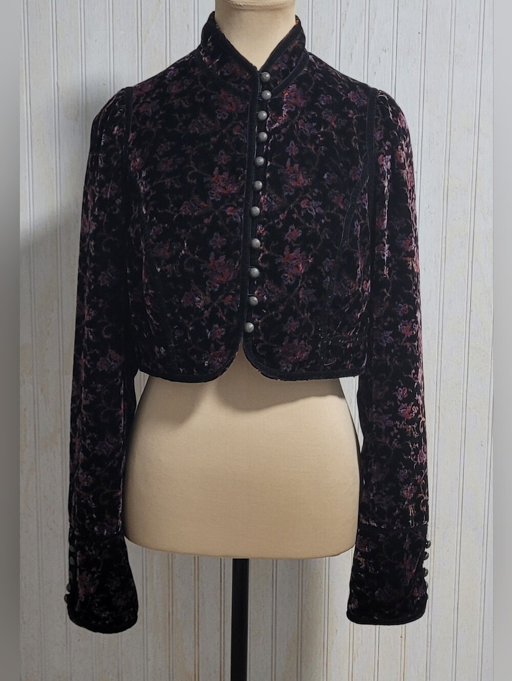 Free People Tripoli Floral Velvet Military Crop Jacket Silver Buttons Size 8